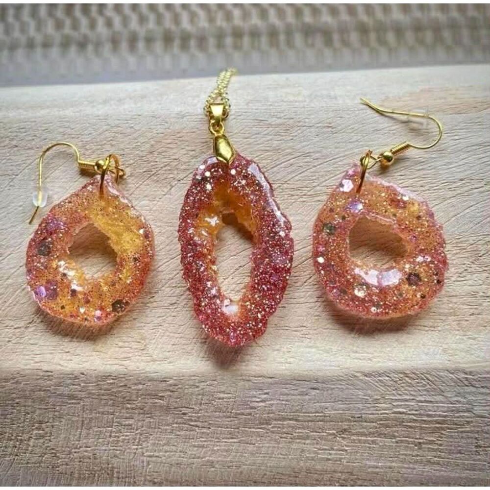 Pink and Gold Glitter Geode Handmade Resin Necklace & Earrings Set